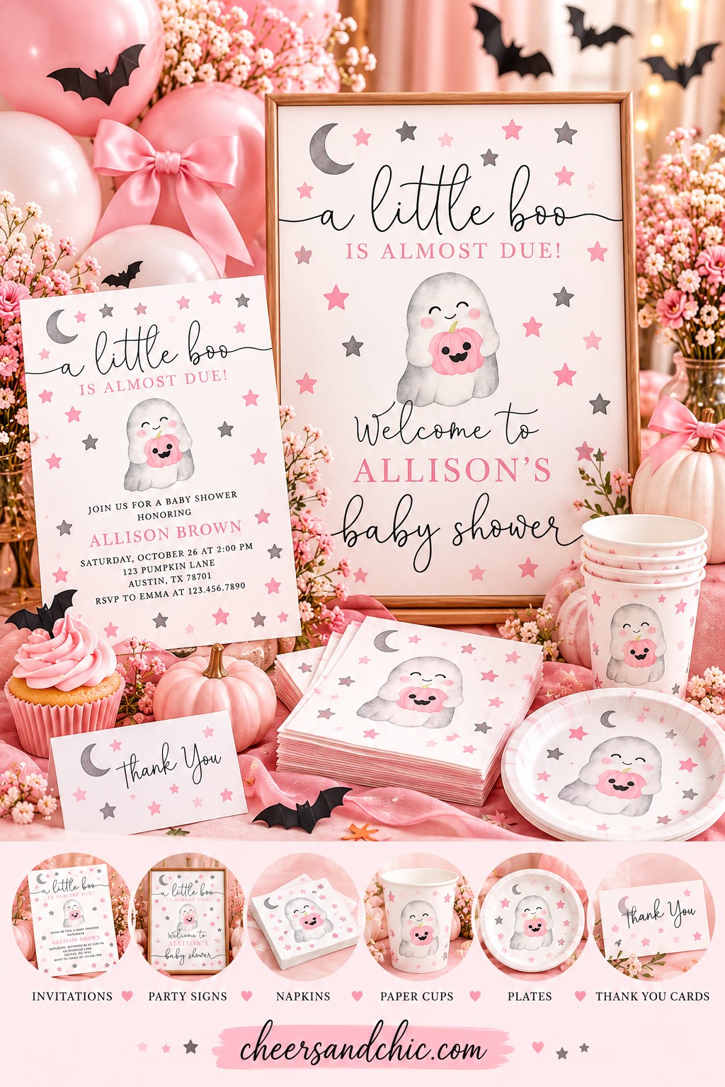 Pink Little Boo baby shower welcome sign with a smiling ghost holding a pink pumpkin, stars and a crescent moon
