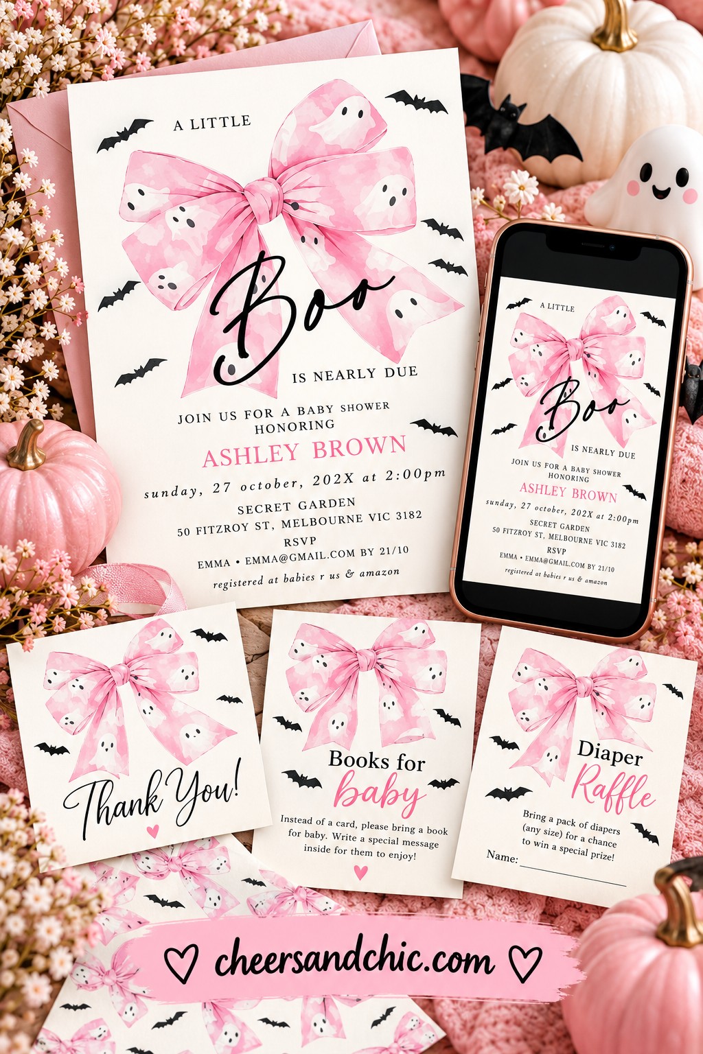 Pink Little Boo coquette stationery collection with invitation, thank-you card, books-for-baby card and diaper raffle card
