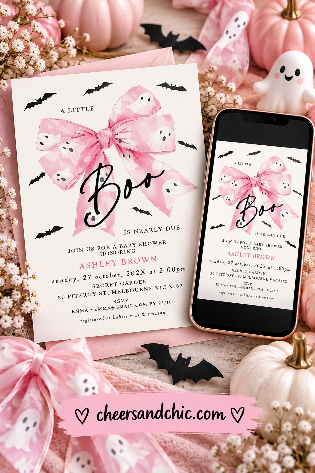 Pink coquette Little Boo baby shower invitation with a ghost-patterned bow and black bats