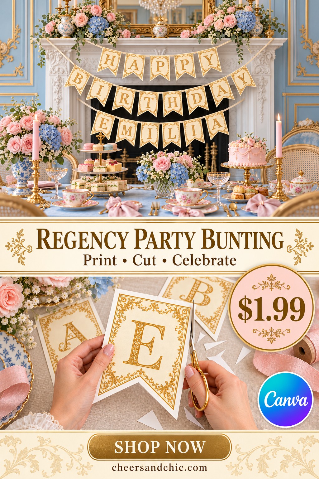 Cream and gold Regency alphabet bunting at a pastel tea party, with a cutting-out demonstration