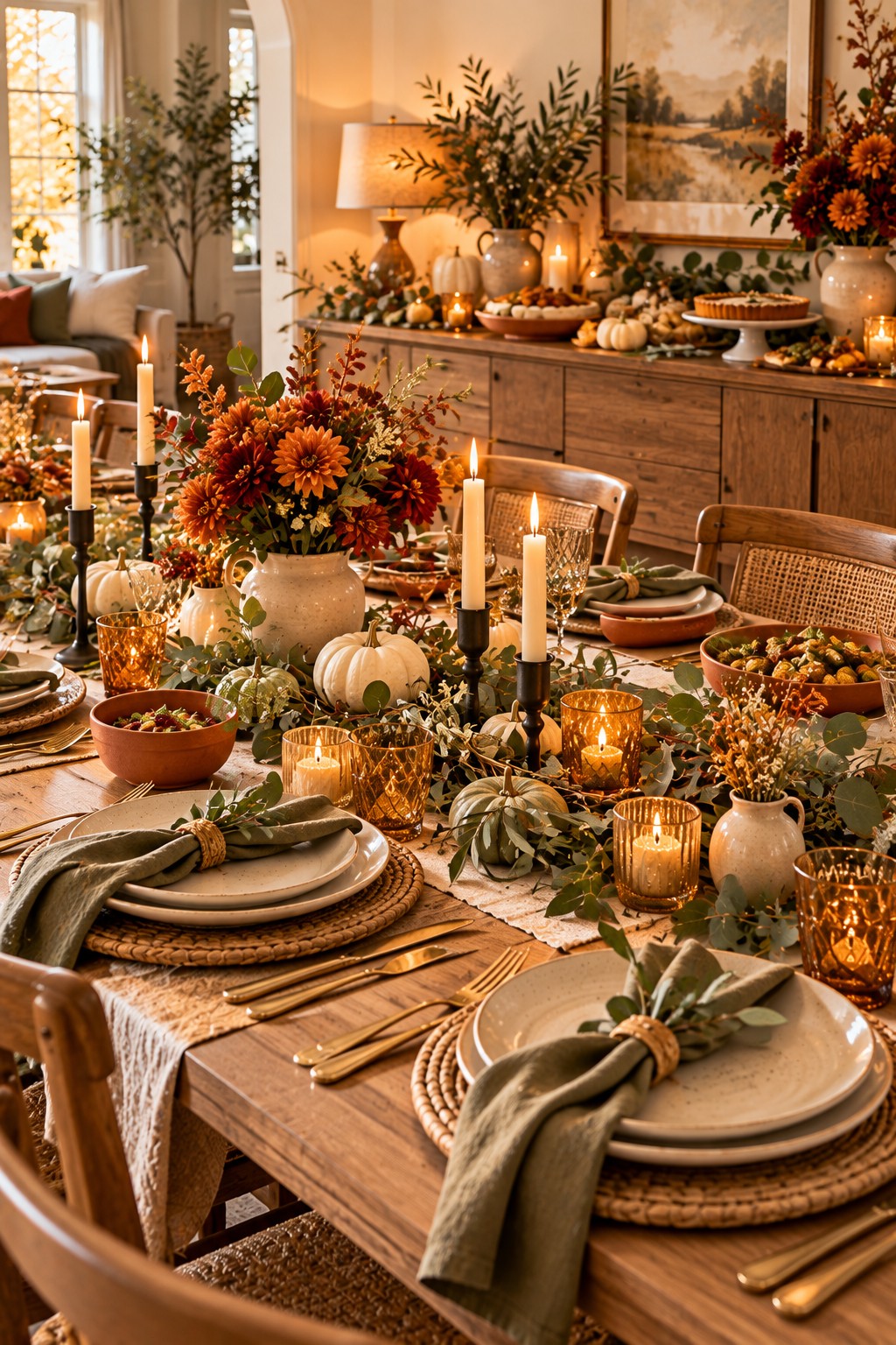Modern cozy Friendsgiving party table with natural greenery, rust flowers, pumpkins and candlelight