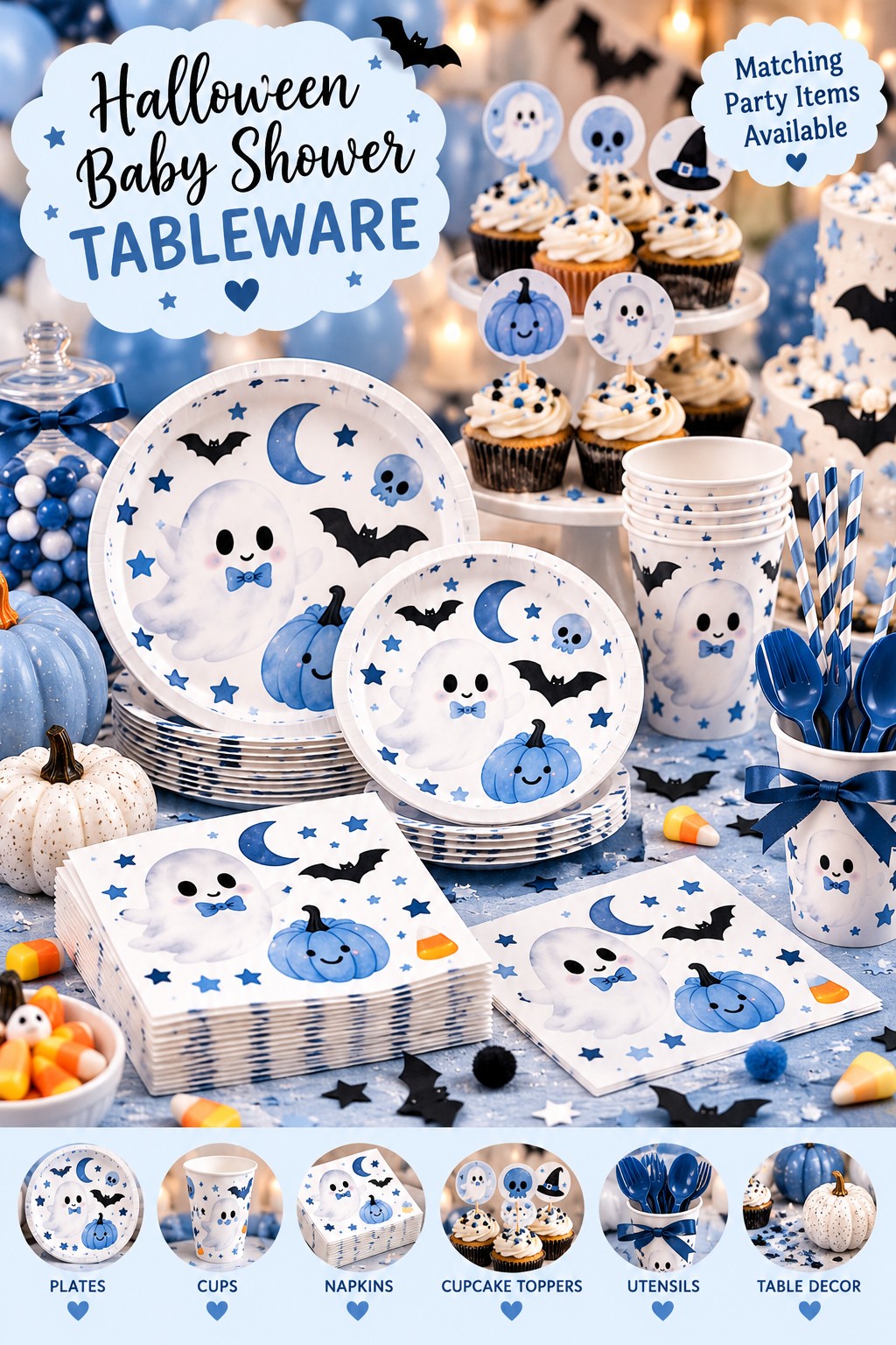 Blue and white Halloween baby shower tableware styling with ghost plates, cups and napkins